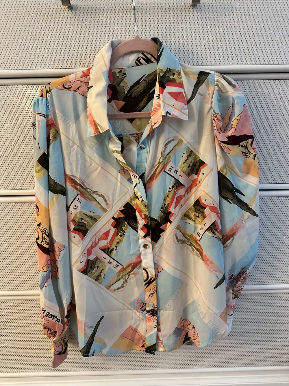 Abstract Pastel Print Button-Up Blouse